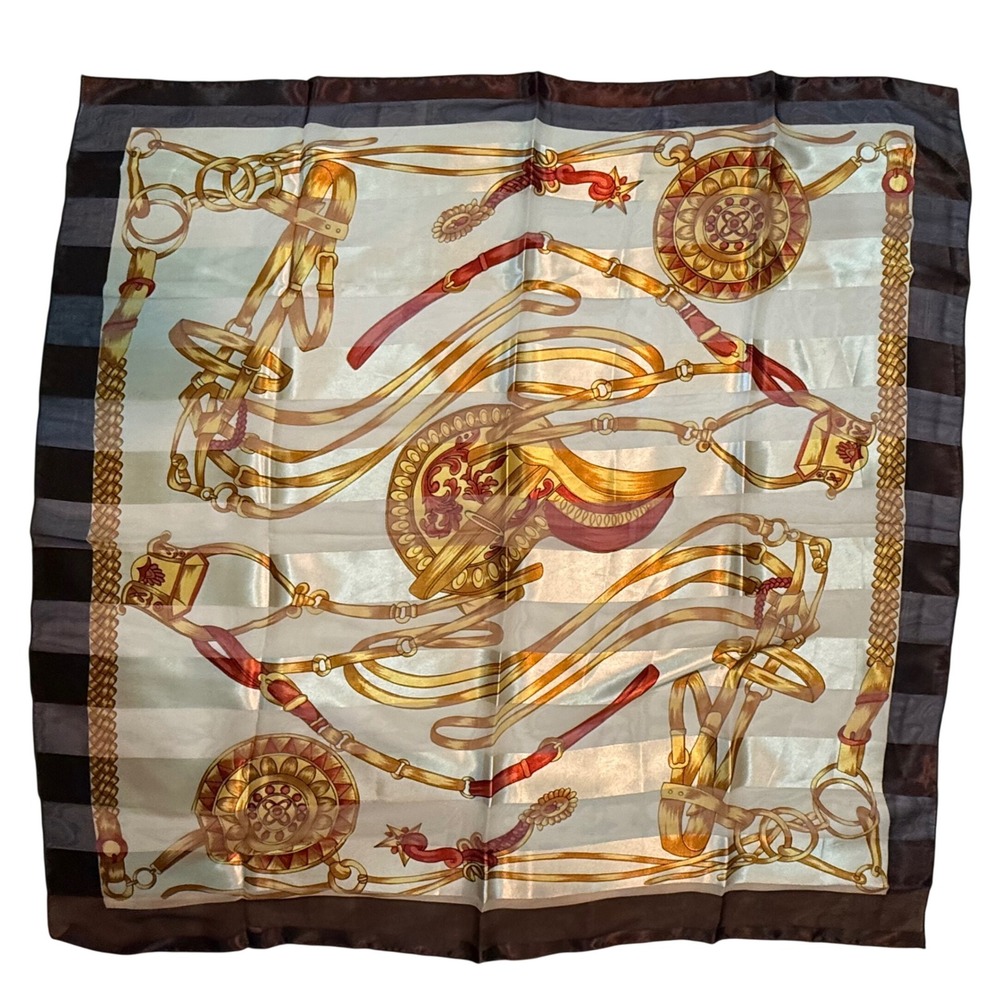 VTG Equestrian Scarf 37" Square Brown Gold Horse Bridle Tack 100% Polyester Chic